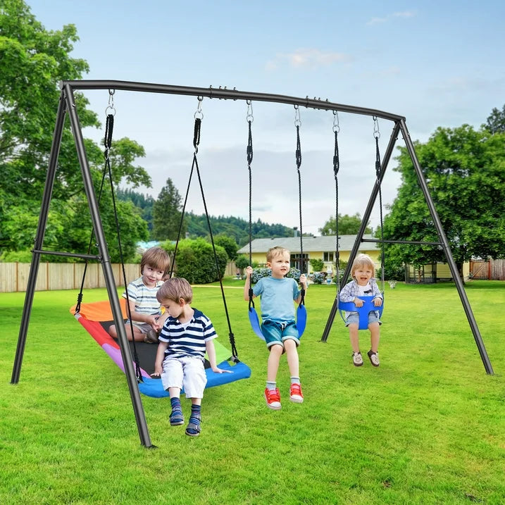 KloKick 440lbs Outdoor Swing Set for Kids Includes Toddler Swing, Belt Swing, and Platform Swing, Metal Frame for Backyard Play