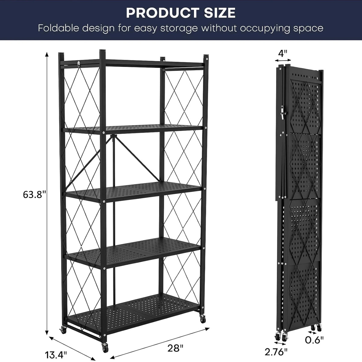 HYEASTR 5-Tier Foldable Storage Shelf with Wheels - Metal Collapsible Shelving Unit Display, Rolling Cart for Books Kitchen Storage Shelves, Pantry & Closet Organizer, Office Room Decor - Black