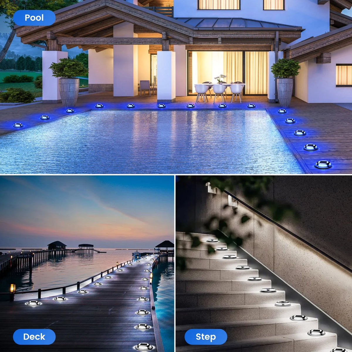 Aship 12 Pack Solar Deck Lights Outdoor, Blue+White Solar Powered Driveway Lights, IP68 Waterproof Solar Dock Lights Step Lights Marker Lights for Path Stair Dock Garage