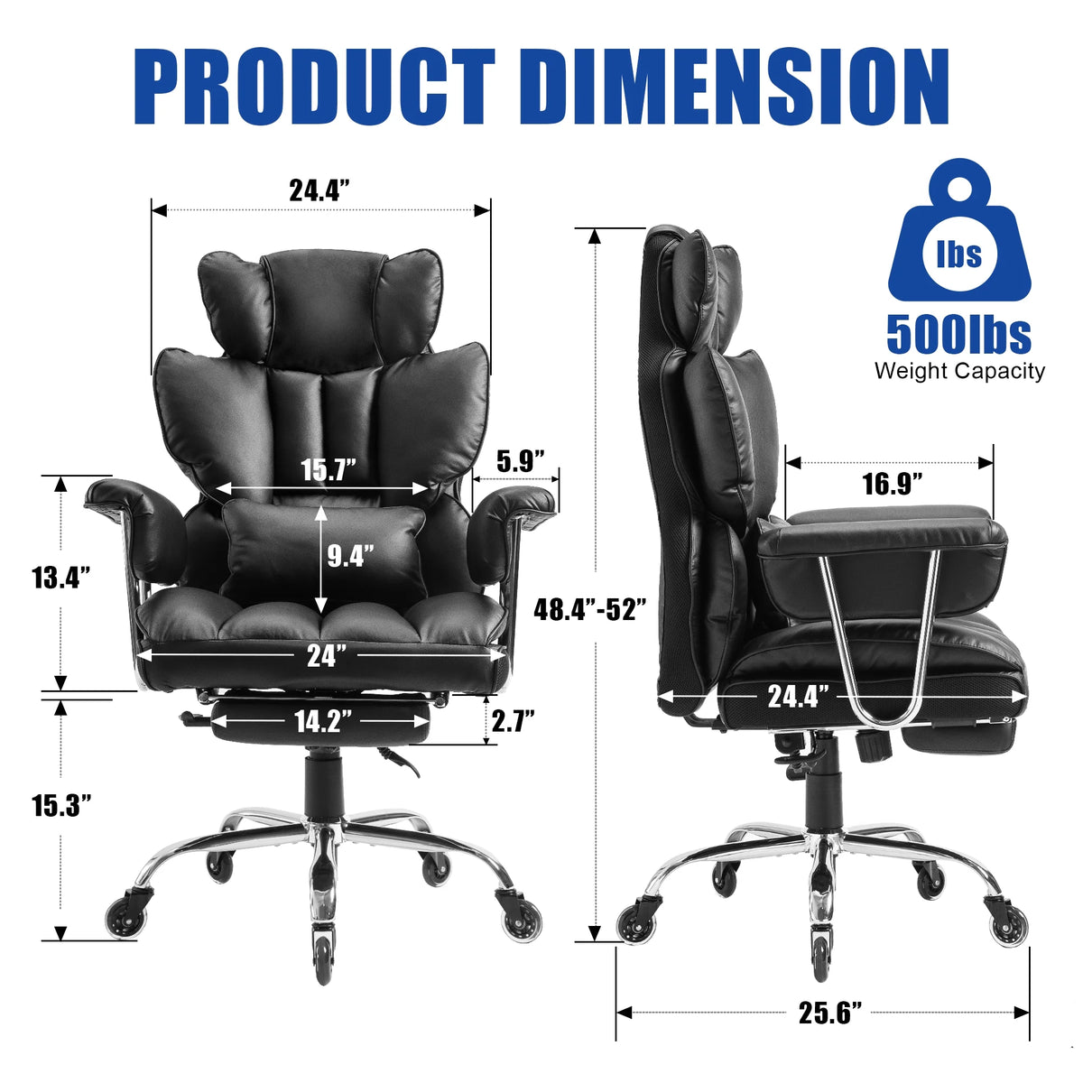 Big and Tall Office Chair,High Back with Telescoping Footrest and Wide Seat Cushion( Black)