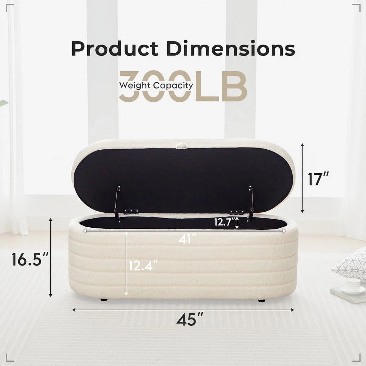 Othniel 45x16.5 Inch White Teddy Storage Ottoman Bench,Oval Footrest with Anti-Slip Legs