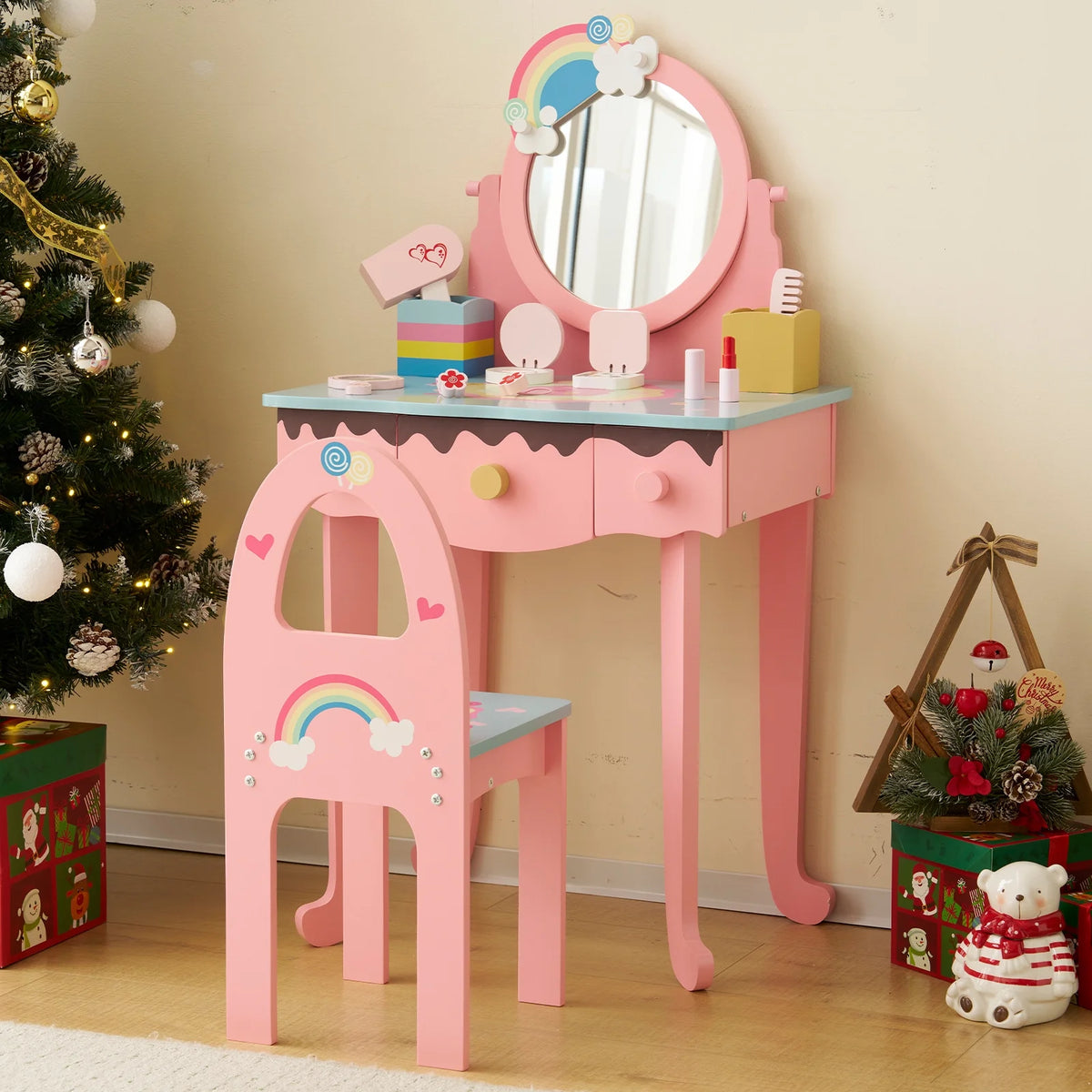 iYofe Kids Vanity Table and Chair Set with 7pcs Pretend Play Makeup Toys, Girls Vanity with Mirror & Stool, 3 Drawers & Tabletop Storage, Princess Dressing Table for Toddlers, Pink