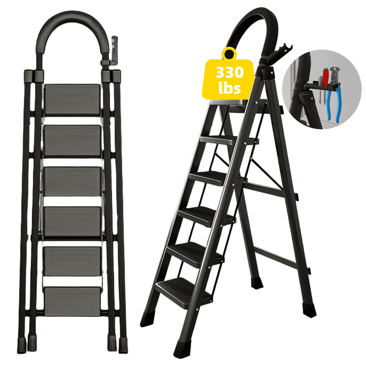 stusgo 6 Step Steel Ladder Folding Step Stool with Tool Holder for Easy Use Black