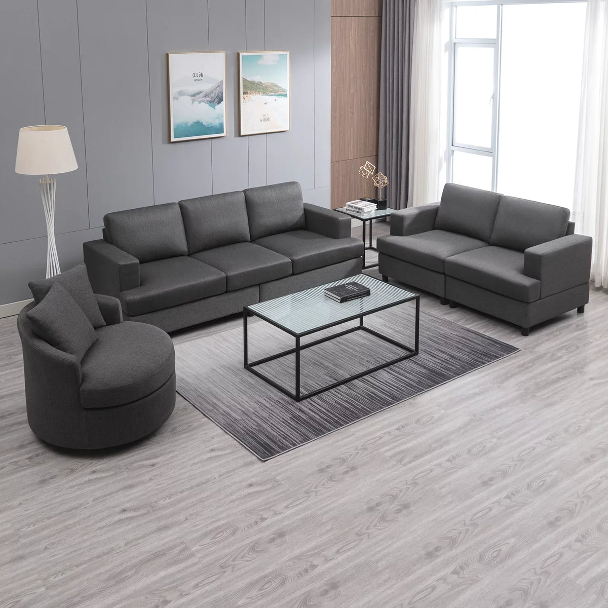 Mjkone 3 Pieces Sectional Sofa Couch Set,Living Room Cloud Sofa Furniture Set,Sofa+Loveseat+Chair for Living Room/Office/Apartment/Bedroom, Dark Grey