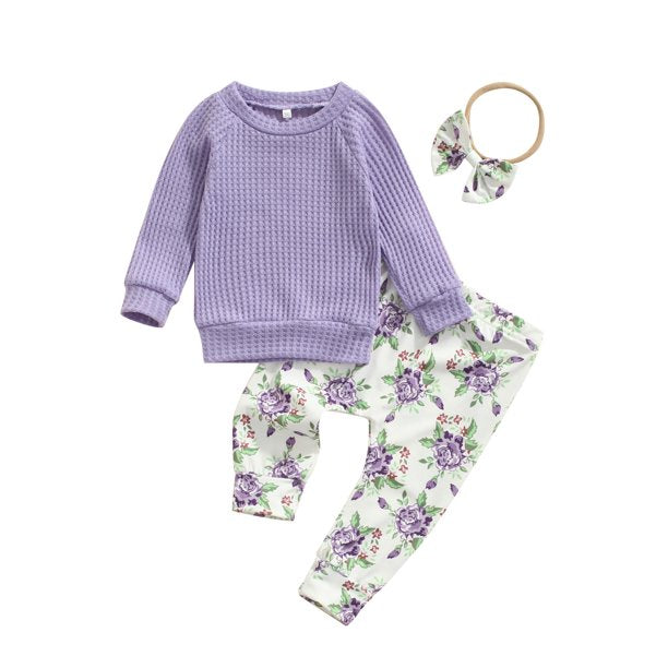 jaweiw Size 0 6 12 18 24 Months Baby Girl Clothes Set Solid Color Long Sleeve Knitted Tops and Floral Printed Pants Spring Fall Outfits