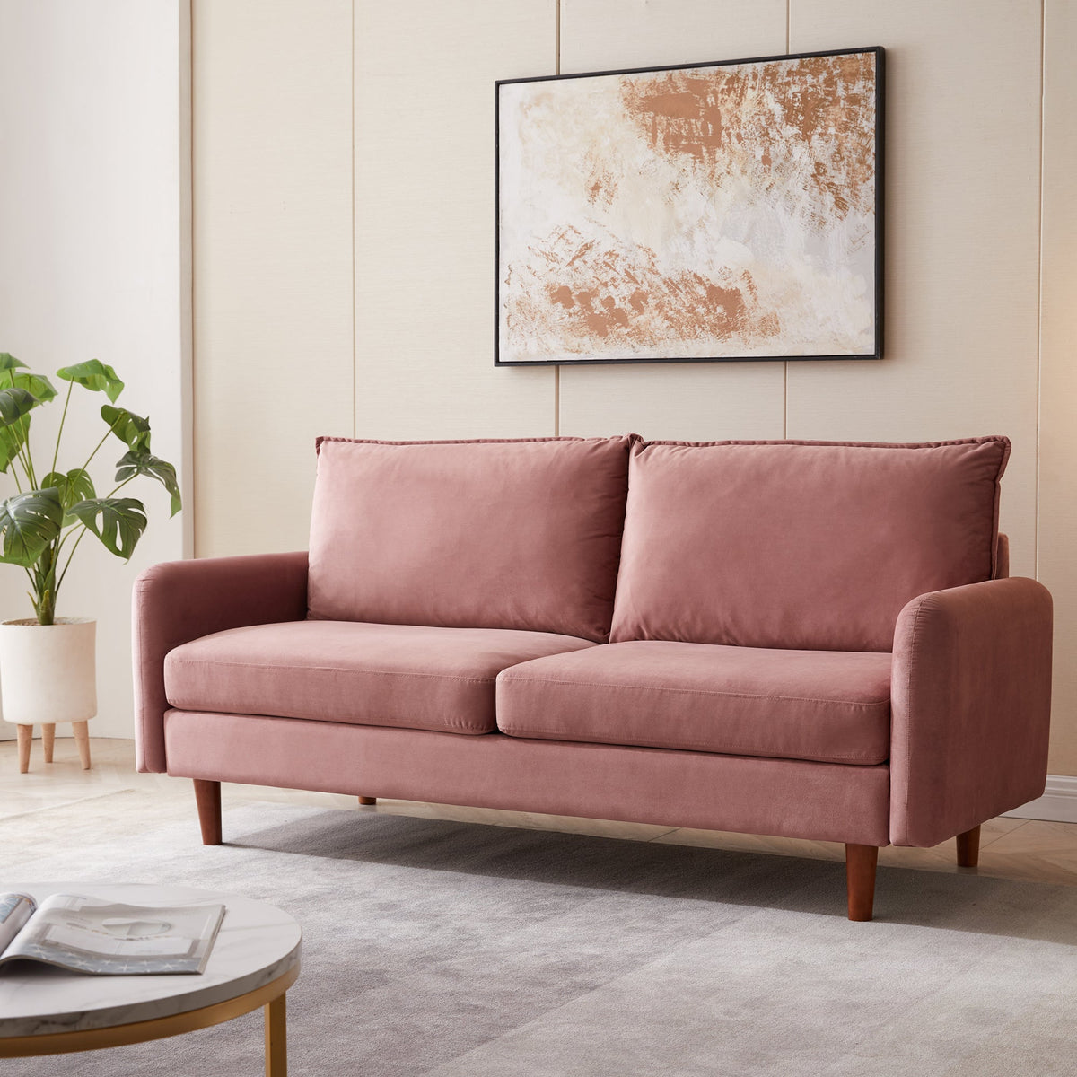 Kowilk Velvet Loveseat Sofa, 69'' Mid Century Modern Small Love Seats Furniture Comfy Couch for Living Room, Upholstered 2 Seater Sofa for Small Apartment(Pink)