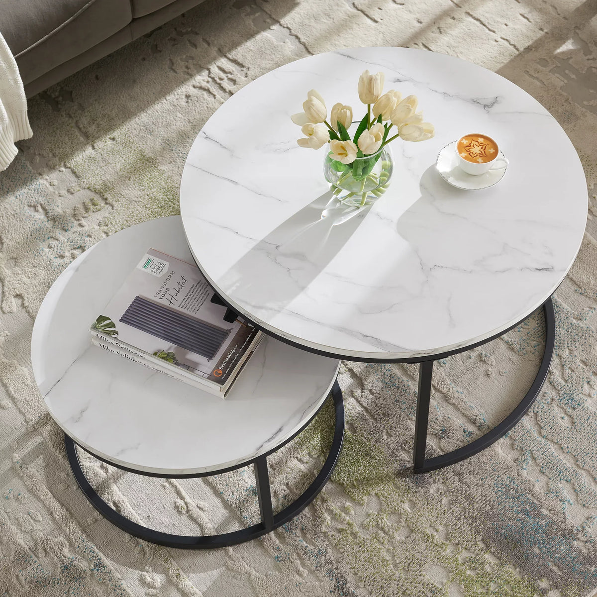 Modern Coffee Table Set of 2 Nesting Tables Small Round Table with Wood Top for Small Space and Living Room,32”