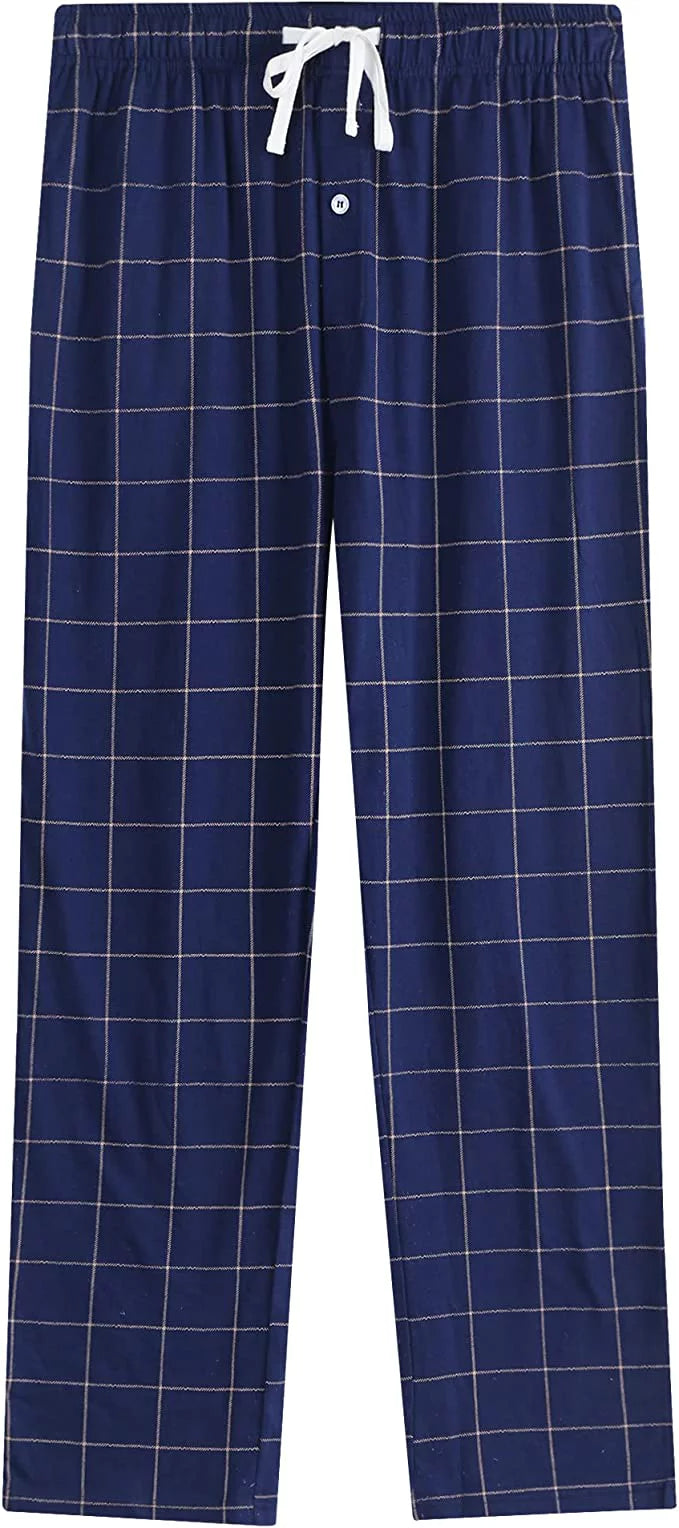 Vulcanodon Mens Cotton Pajama Pants, Lightweight Sleep Pants with Pockets Soft Lounge Pajama Pants for Men Plaid Pj Bottoms (Navy-plaid 01, Large)