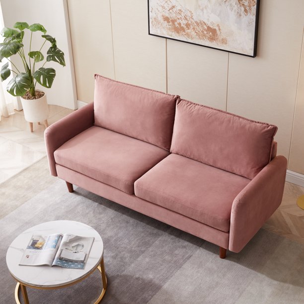 Kowilk Velvet Loveseat Sofa, 69'' Mid Century Modern Small Love Seats Furniture Comfy Couch for Living Room, Upholstered 2 Seater Sofa for Small Apartment(Pink)