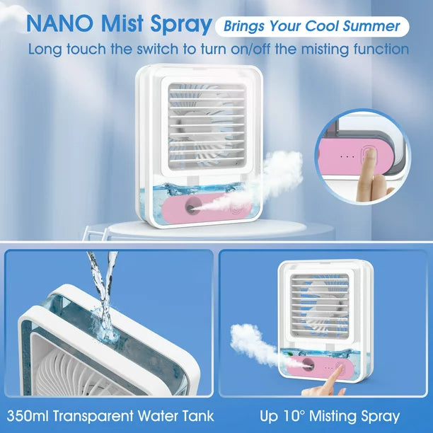 Personal Air Conditioner Fan, Portable Air Cooler with Colorful LED Light Rechargeable Spray Desk Fan for Small Room, Desktop, Office, Study Room