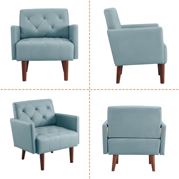 Kowilk PU Leather Accent Chair, Modern Single Sofa Chair for Living Room and Bedroom, Upholstered Lounge Armchair Chair with wood Legs(Blue)