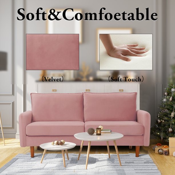 Kowilk Velvet Loveseat Sofa, 69'' Mid Century Modern Small Love Seats Furniture Comfy Couch for Living Room, Upholstered 2 Seater Sofa for Small Apartment(Pink)