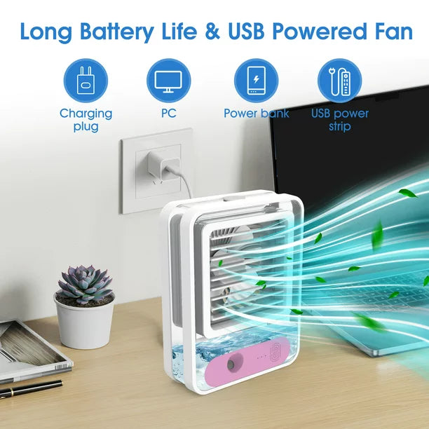 Personal Air Conditioner Fan, Portable Air Cooler with Colorful LED Light Rechargeable Spray Desk Fan for Small Room, Desktop, Office, Study Room