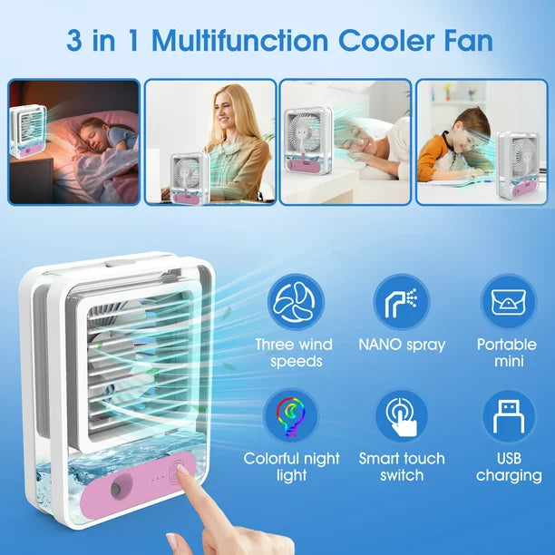 Personal Air Conditioner Fan, Portable Air Cooler with Colorful LED Light Rechargeable Spray Desk Fan for Small Room, Desktop, Office, Study Room