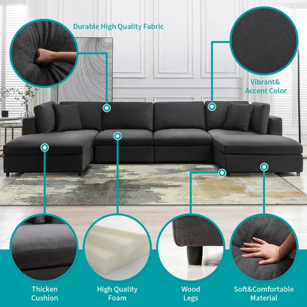 Mixoy Velvet U Shaped Sectional Sofa with Storage, 7 Seater Modular Sectional Sofa with Back Cushion ,Oversized Sleeper Sofa Couch Bed, Convertible Couches for Living Room ( Dark Grey)
