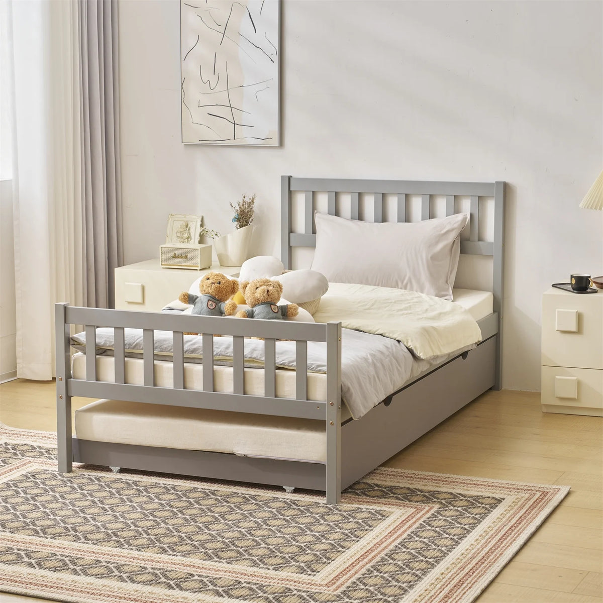Zimtown Twin Bed with Trundle, Solid Wood Bed Frames with Headboard and Wooden Slats Support, Twin Trundle Bed Frame Roll Out, Gray