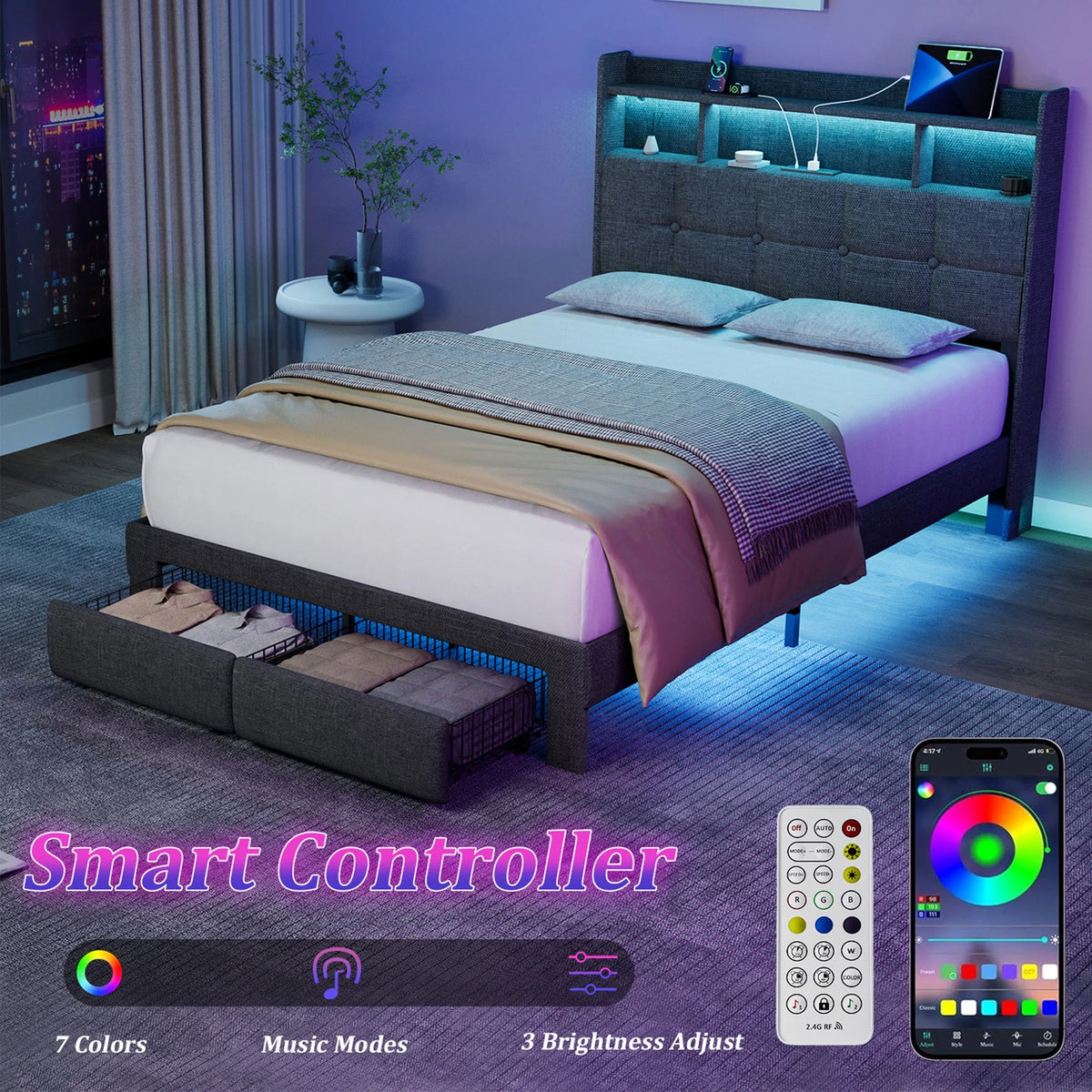 Sesslife Full LED Bed Frame with 2 Storage Drawers, Wood Platform Bed with Wingback Upholstered Storage Headboard and Charging Station, Strong Wooden Slats Support, No Box Spring Needed, Dark Gray