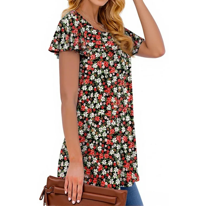 Fantaslook Womens Blouses Dressy Casual Pleated Tunic Tops Floral Ruffle Sleeve Summer Shirts