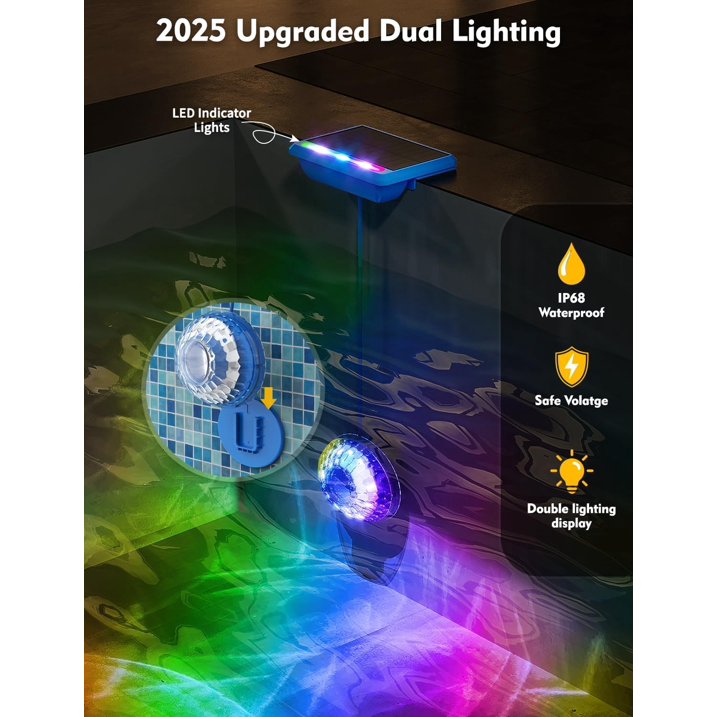 Solar Pool Lights, Solar Powered Submersible LED Lights with Remote IP68 Waterproof Swimming Pool Lights 16 Colors Underwater Pool Lights for Above Ground Inground Pool, Pond (Blue, 2 Pack)
