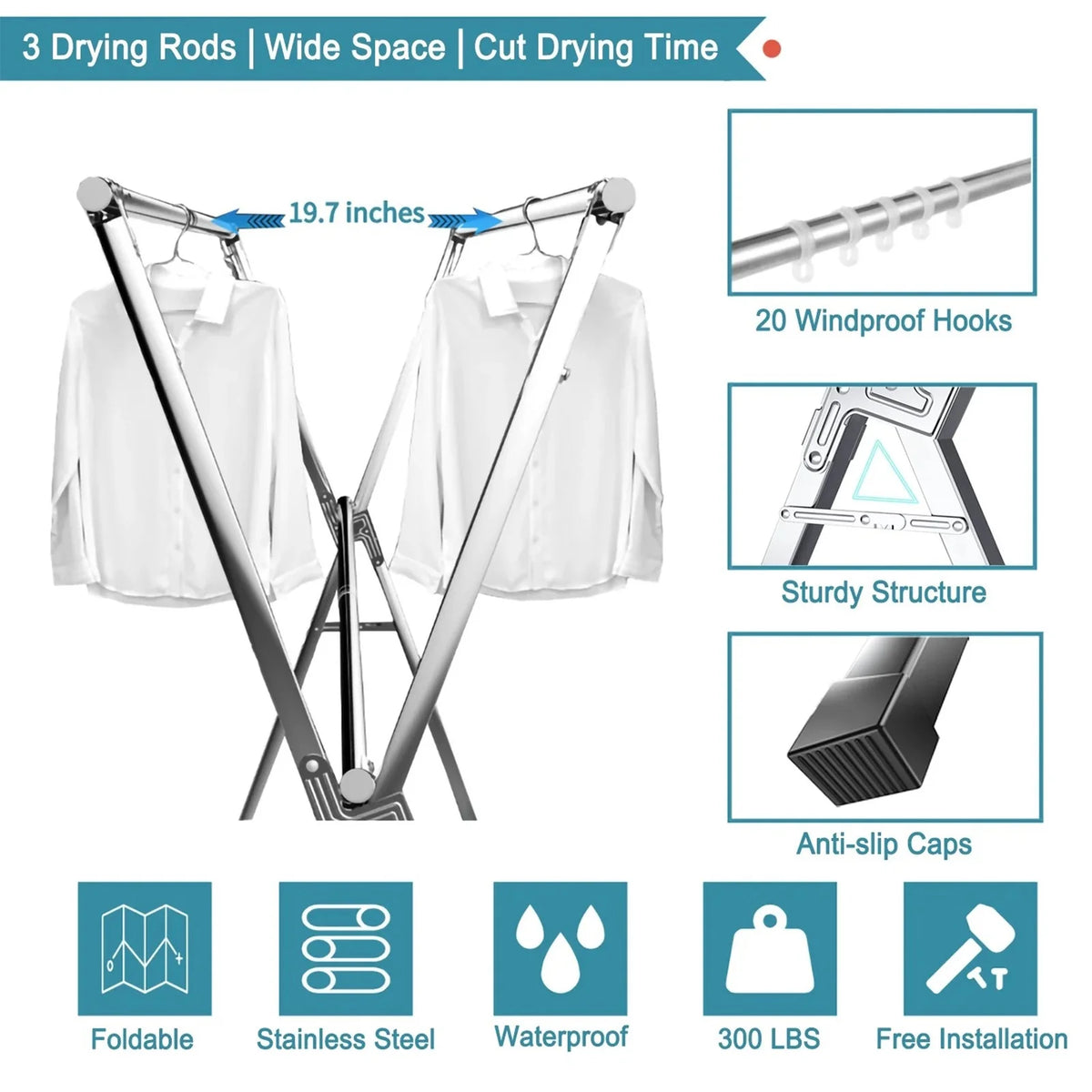 Susuzi 79 Inches Clothes Drying Rack, Stainless Steel Garment Rack Adjustable and Foldable Laundry Drying Rack
