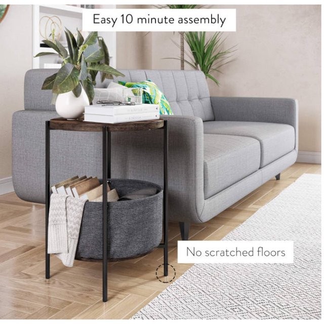 Round Side Table with Fabric Basket,Functional Small Side Table for Living Room, Dorm,Bedroom.