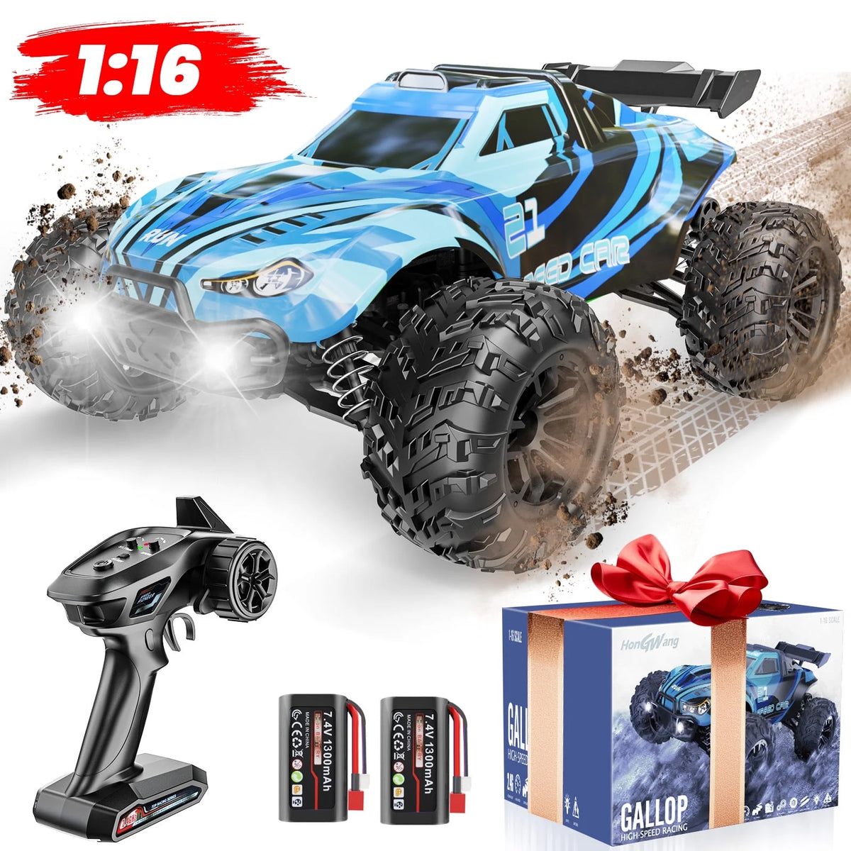 LOHEER 1:16 High Speed 4X4 Off Road Remote Control Car, Fast RC Monster Truck 40+ KM/H with 2 Batteries, All Terrain RC Truck for Adults & Kids