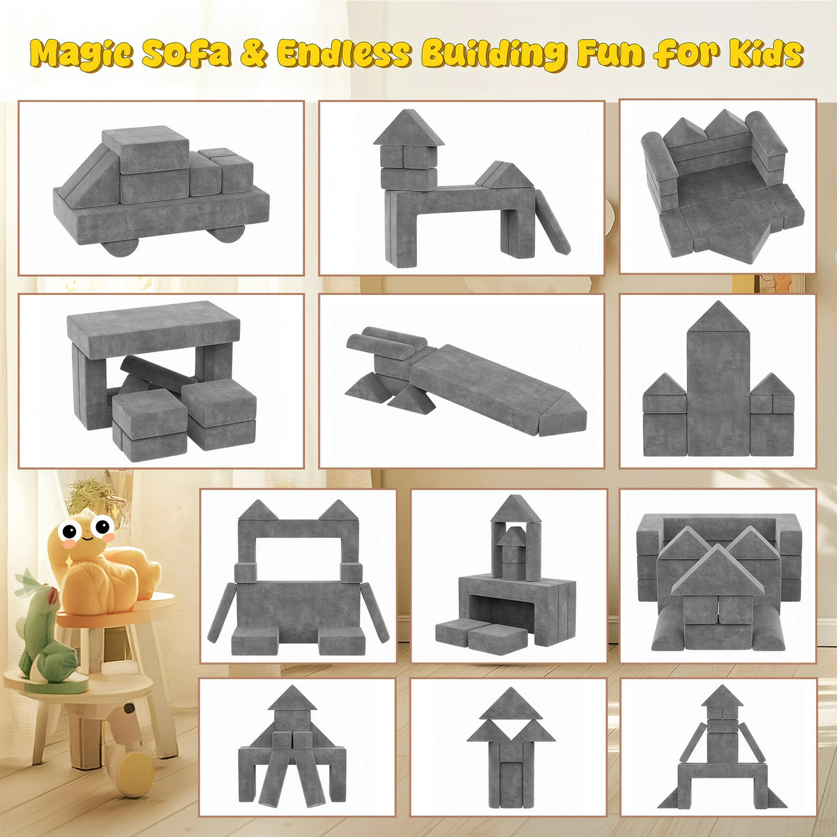 iYofe Kids Couch Sofa 12PCS, Convertible Nugget Kids Couch Chair to Recliner, DIY Creative Modular Kids Play Couch, Kid Floor Couch for Playroom, Gray