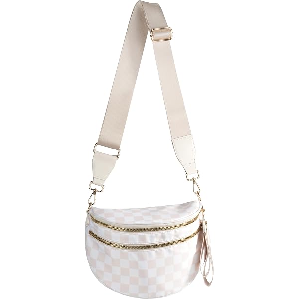 FEIBOON Spacious Checkered Nylon Crossbody Bag Bum Bag Handbags for Women Beige Checkered