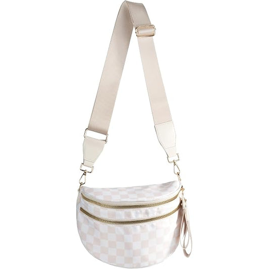 FEIBOON Spacious Checkered Nylon Crossbody Bag Bum Bag Handbags for Women Beige Checkered