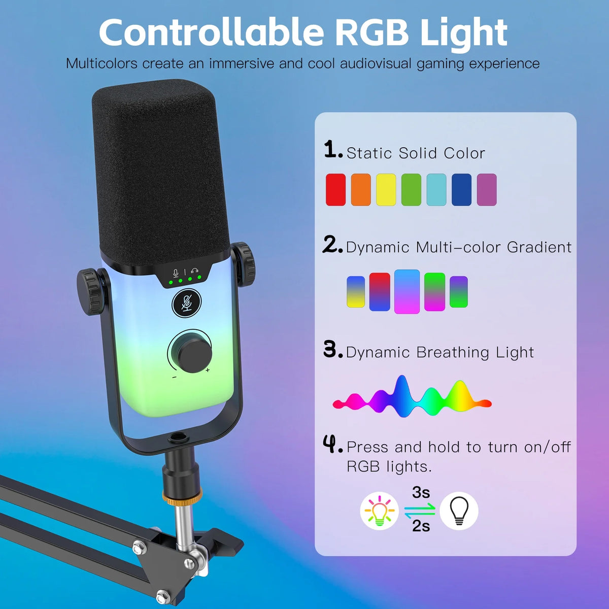ZealSound USB Gaming Microphone,PC Microphone for phone tablet with RGB for Streaming Podcast Vocal Recording ASMR, Computer Mic with Noise Cancellation,Mute Button,Gain Knob,Desktop Arm Boom Stand
