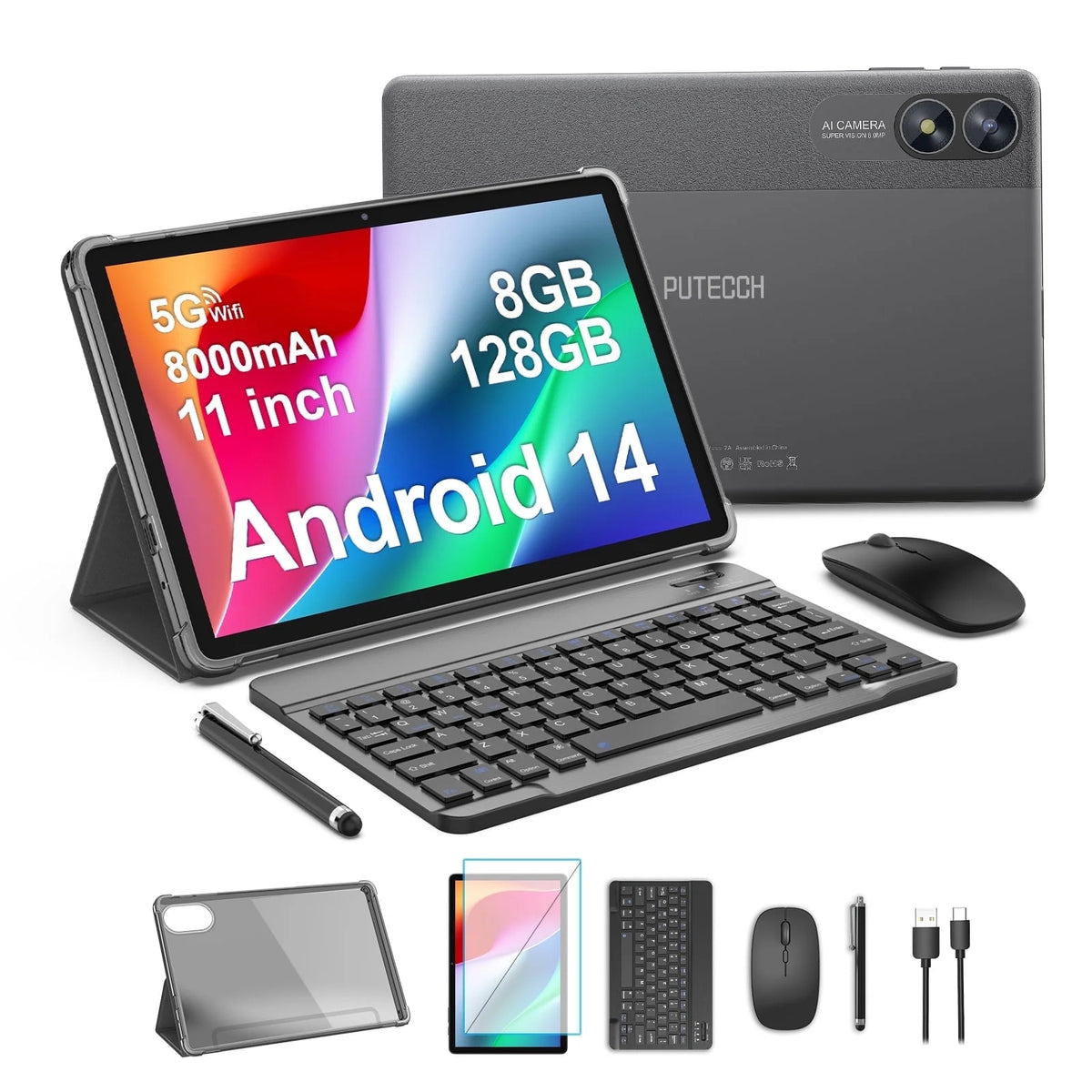 11 Inch Android 14 Tablet 2 in 1 Tablet, Qcta Core, 8GB RAM 128GB ROM 1TB Expand, 2 8MP Camera, 8000mAh Battery, 5G/2.4G WiFi, Bluetooth, Case (Gray)