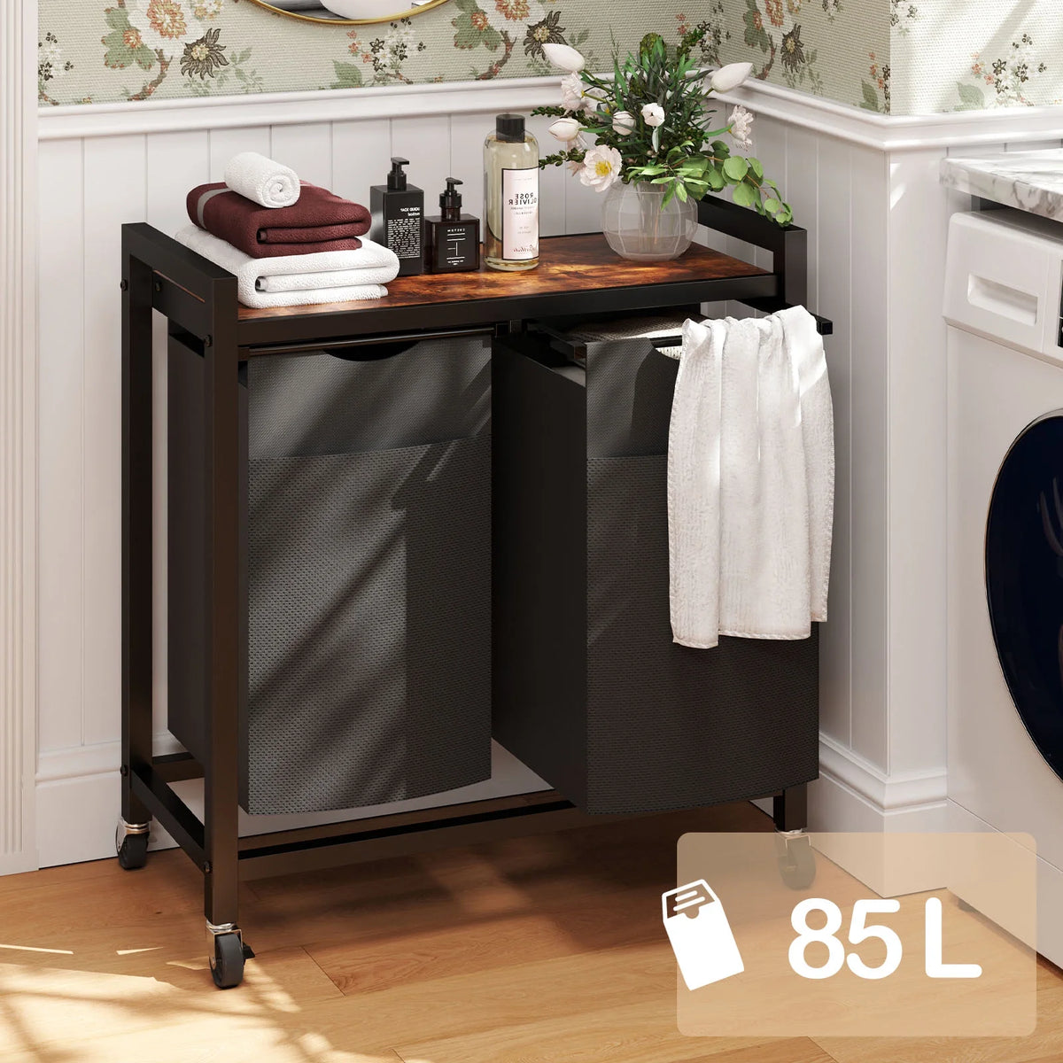 edx Laundry Hamper with 2 Pull-Out Removable Laundry Bags Clothes Sorter with Shelf and Wheels(Adjustable feet), 2 x 11.2 Gallons (42.5 Liters) for Laundry Rooms, Bathrooms and Dorms