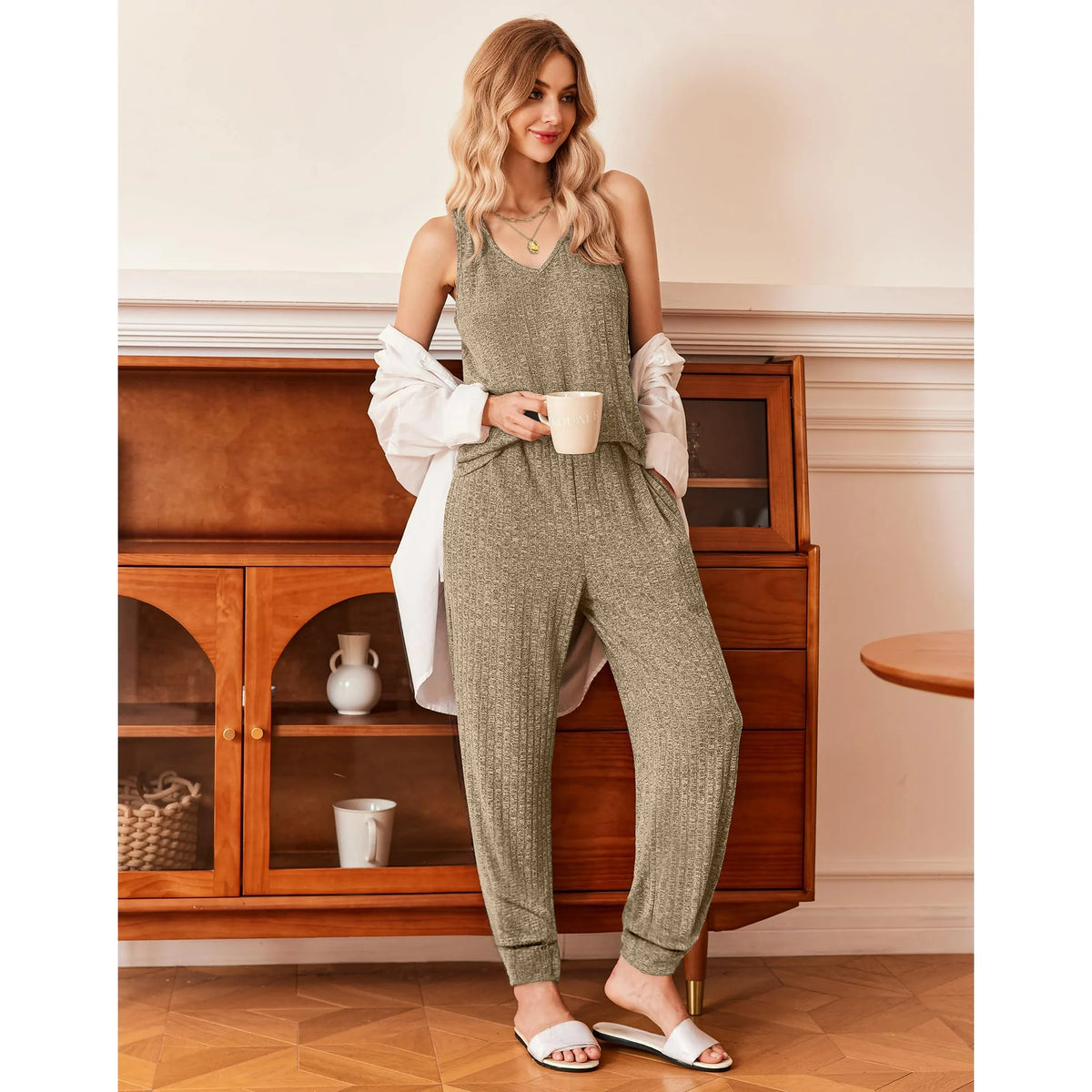 Fantaslook Womens Pajamas Sets V Neck Tank Tops and Long Pants Two Piece Lounge Sets Summer Oufits Loungewear