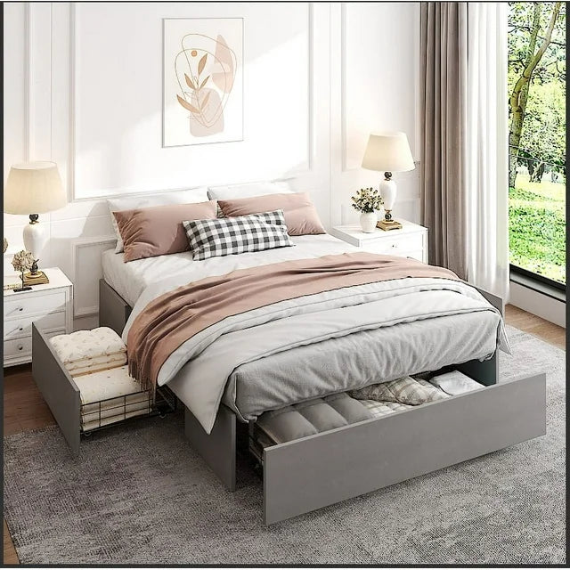 Zimtown Full Size Platform Bed Frame with 3 Storage Drawers, Fabric Upholstered, Teen, Adult, Grey