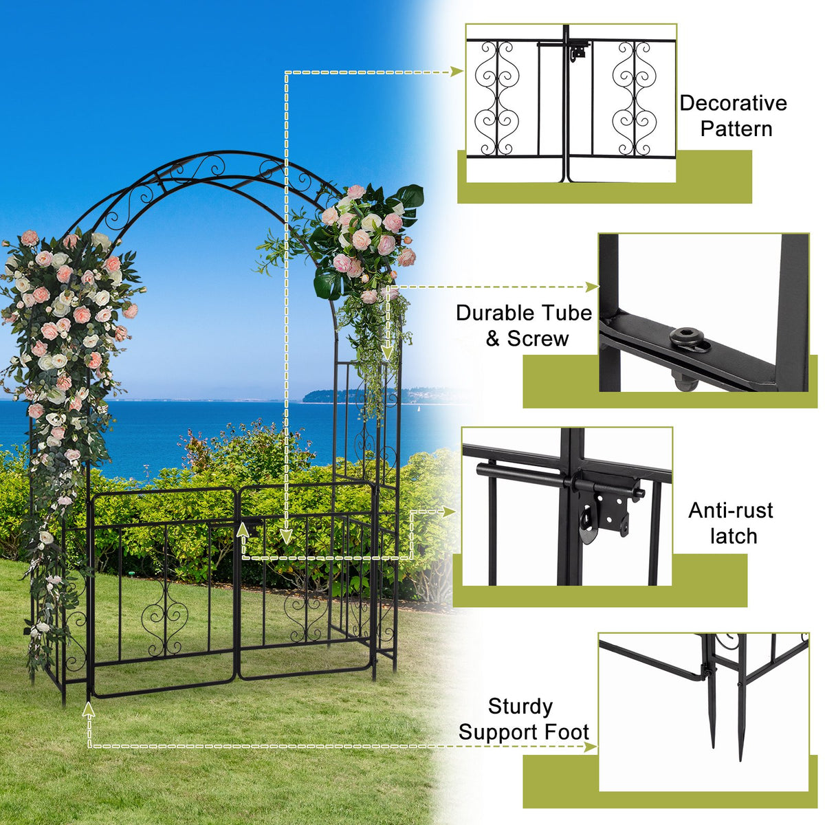 SalonMore Metal Garden Arch 7 Ft Garden Arbor w/ Doors for Climbing Plant Outdoor Wedding