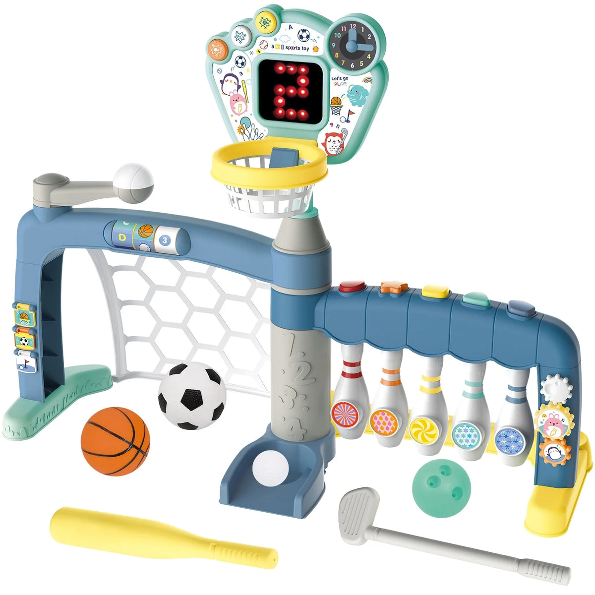 Kids Basketball Hoop with Adjustable Height, 5 in 1 Toddler Sports Activity Center Basketball Bowling Baseball Soccer Goal Golf for Indoor Outdoor Best Gift for Baby Infant