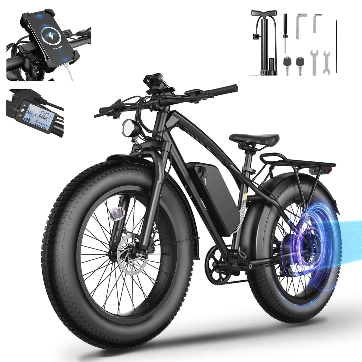 Skeri Electric Scooter, 26" Fat Tire E Bike, 1000W Motor, 48V 13Ah Removable Electric Bike for Adults, 60 Miles & 25 mph, Electric Bicycle with 7 Speed and Front Suspension