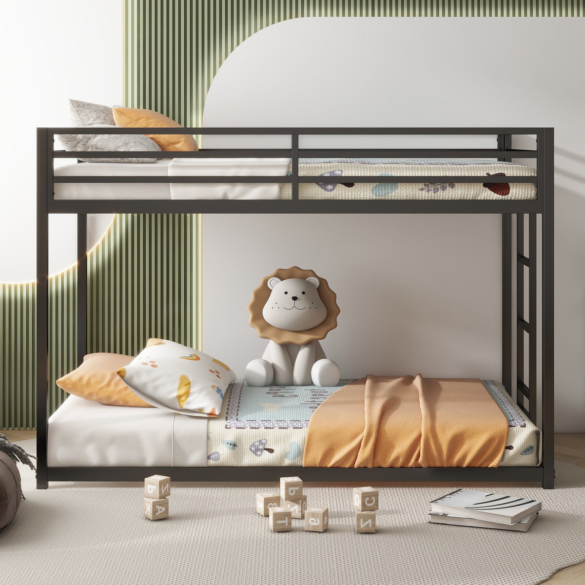 Sesslife Metal Twin Over Twin Bunk Beds, Heavy Duty Bed Frame with Ladder and Safety Full-Length Guardrails, Low Profile Junior Bunk Bed for Kids Teens Adults, Noise-Free, No Box Spring Needed, Black