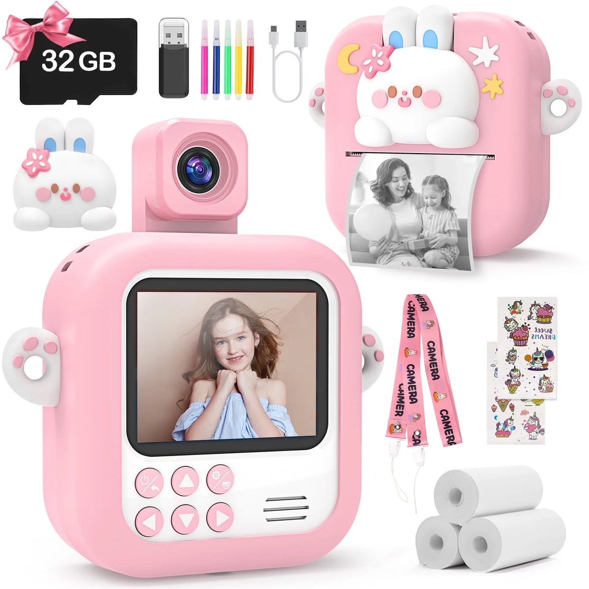 JoyStone Kids Camera Instant Print, Kids Digital Camera with Printing Paper and 32G TF Card, Gift for Girls and Boys Aged 3-12, Pink