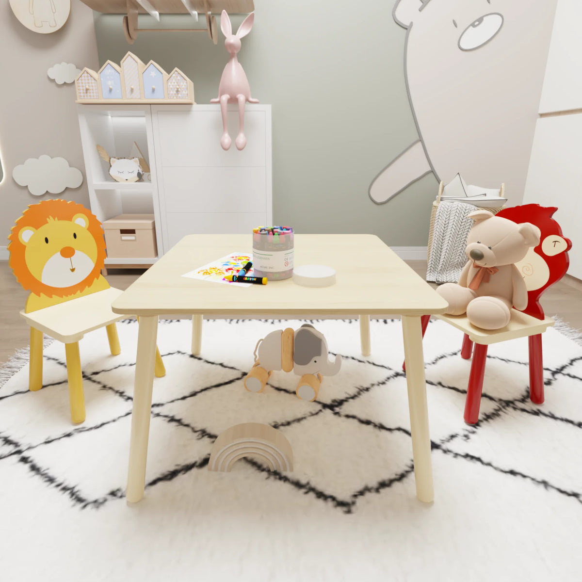 LEGAHOME Kids Table and 2 Chairs Set, 3 Pieces Wood Activity Table Drawing Play Table and Animals Chairs Set, Adorable Study Desk Table Chairs Set for Toddler