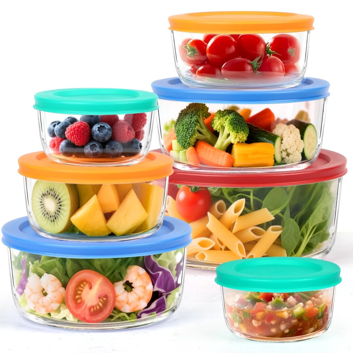 14 Pcs Glass Food Storage Containers Set - 7, 4, 2 & 1-Cup Round Containers with Lids, BPA-Free, Dishwasher & Microwave Safe Lunch Box