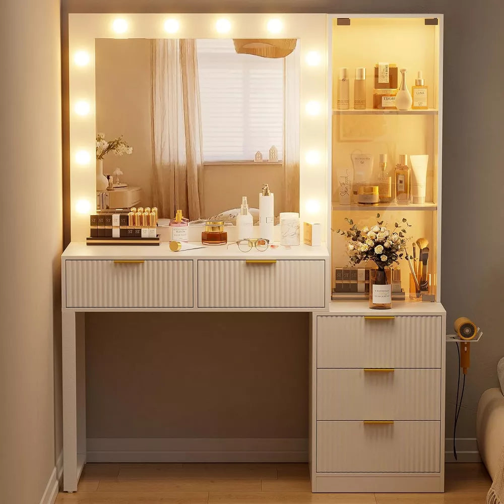 PAKASEPT Fluted Makeup Vanity Tables with 25" Lighted Mirror, 58" Modern Vanity Desk with Glass Canbinet & 5 Drawers, Dressing Table
