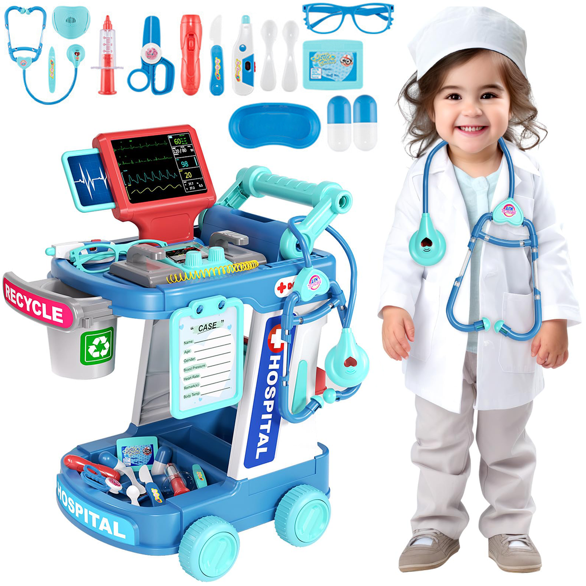 Richgv Doctor Kit for Kids, Pretend Play Doctor Set Medical Toy with Cart, Costume, Stethoscope, Role Play Doctor Kit for Boys Girls 3 4 5 Year