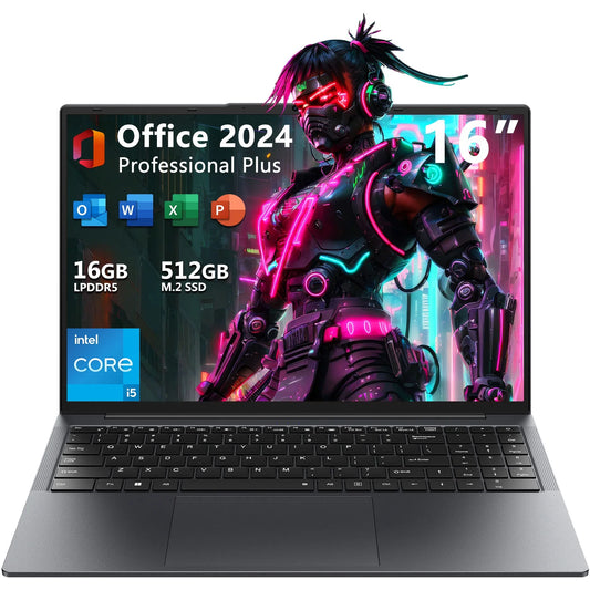 16" Laptop Computer,Intel Core i5,16GB RAM 512GB SSD,Windows 11 Pro Notebook PC,MS Office 2024,FHD Display with 100% sRGB Color Gamut,Dual Band Wi-Fi,Webcam