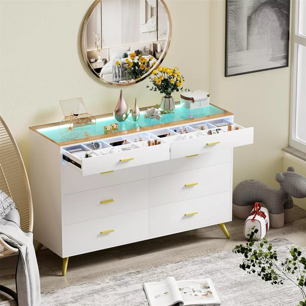 PAKASEPT White Dresser with LED Lights, 8 Drawer Dressers with Tempered Glass Top