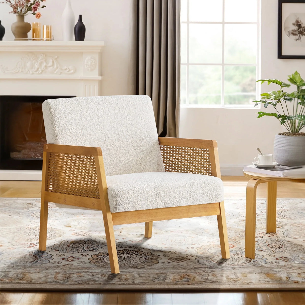 Furniliving Modern Accent Chair, Upholstered Living Room Chair with Rattan Armrest, Reading Leisure Chair, Comfy Arm Chair for Living Room, Bedroom, and Office. (Ivory White)