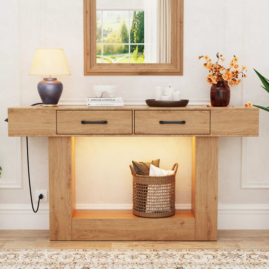 Dolonm 2-Tier 63" Console Desk with 2 Drawers,U-shaped Base with Power Outlet & USB Ports LED Lights,for Entrances,Corridors,Behind Sofas