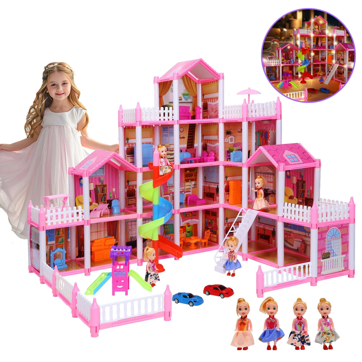 JoyStone Dollhouse, 16 Rooms Playhouse with 4 Dolls Playset with Furniture&Light Strip& Rotating Slide, Gift Toy for Kids Ages 3-8