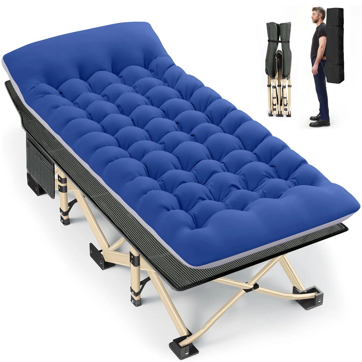 GVDV Folding Camping Cot, Comfort Soft Pad and 1200D Double Layer Oxford Sleeping Cot, Portable Folding Bed Cot for Camp Office Nap Beach Travel
