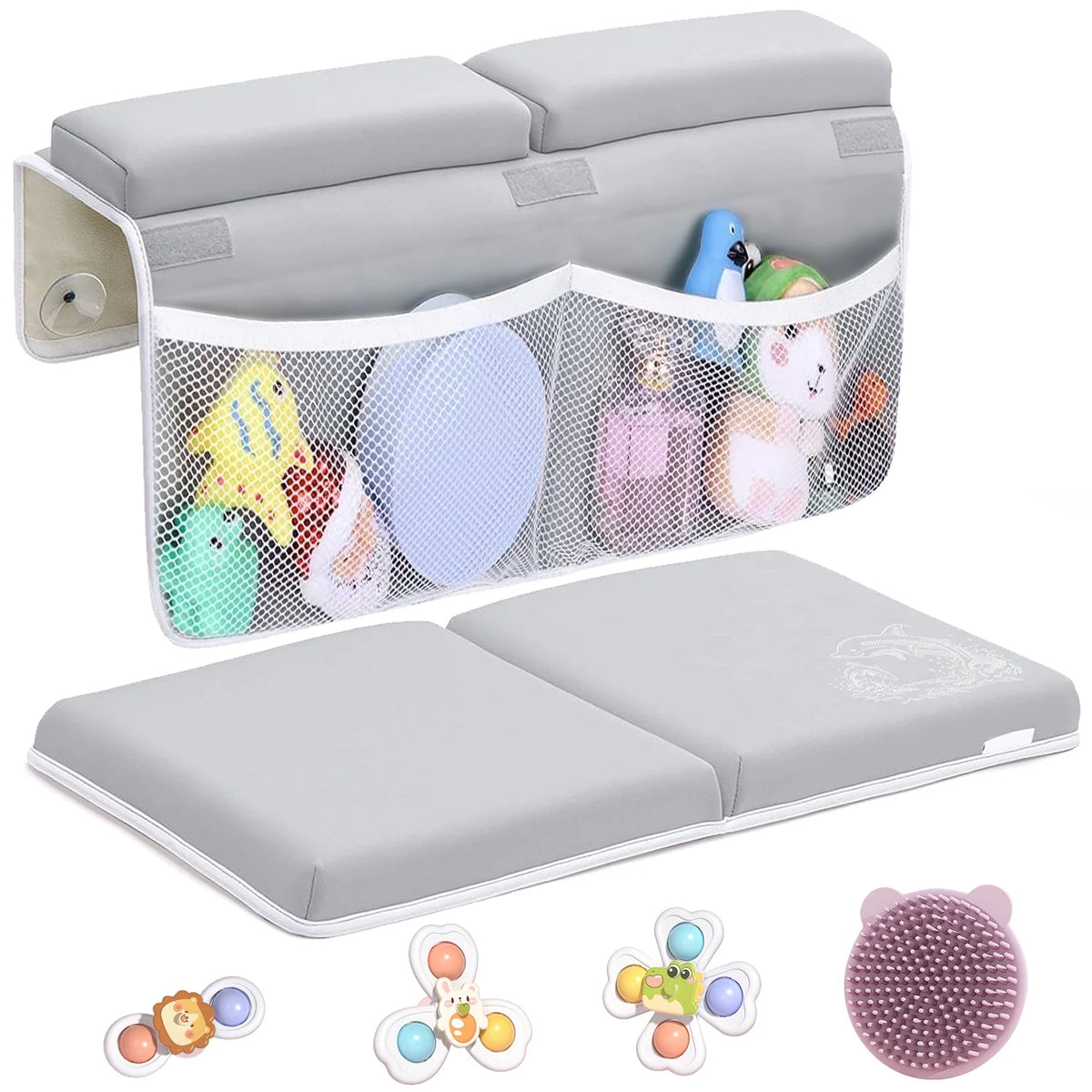 Baby Bath Kneeler and Elbow Rest Pad Set, Foldable Bath Kneeling Pad with Baby HeadBrush, 3 Baby Bath Toys Organizer, Foldable, Non-Slip Foam Mat for Bathing Baby, Gray